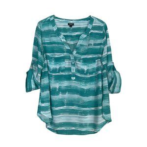 Torrid 0 Women’s Top 12 Harper Blouse Aqua Roll Tab Sleeve Flowy Loose Shirt EUC